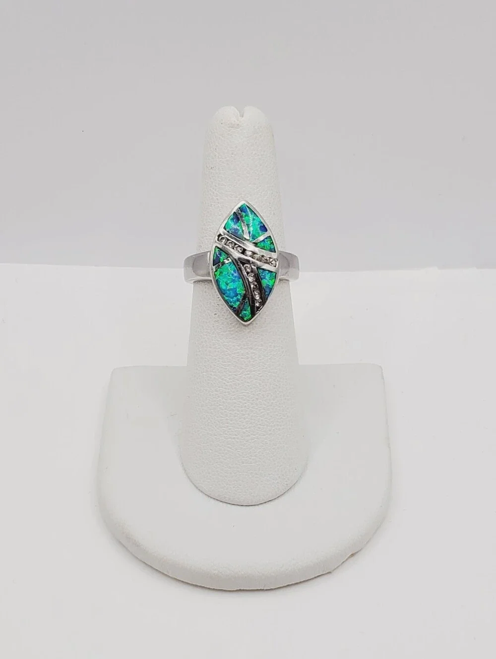 Blue Green Opal Inlay - 925 Sterling Silver Marquise Ring